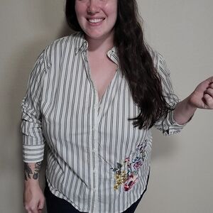 AVA&  VIV Striped Floral Embroidered Button Up Shirt 2X